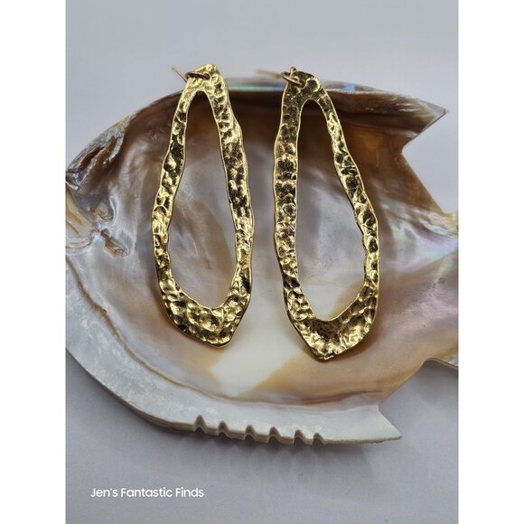 Statement Hammered Gold Tone Asymmetrical Large Hoop Earrings 3" - Picture 5 of 5